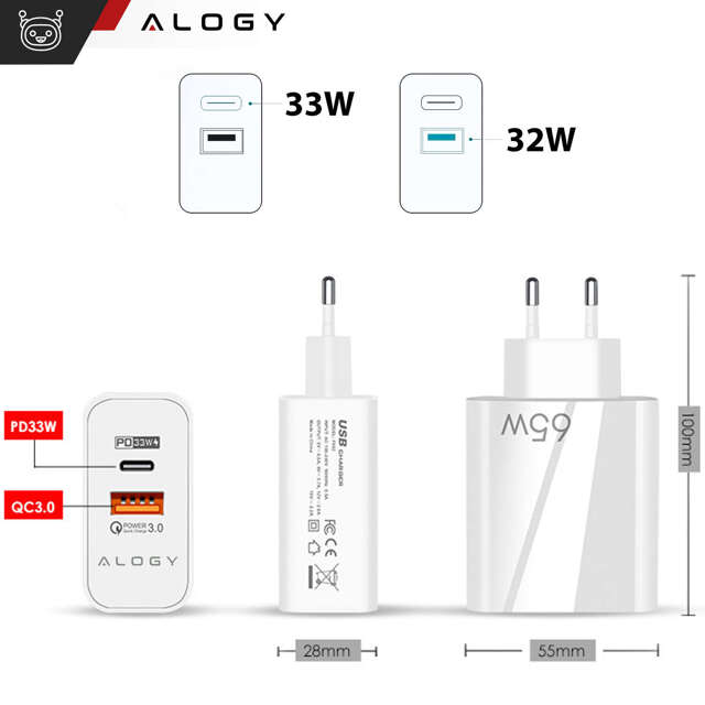 Alogy Ładowarka sieciowa szybka USB-A QC 3.0 Quick Charge + USB-C PD 33W 65W Biała