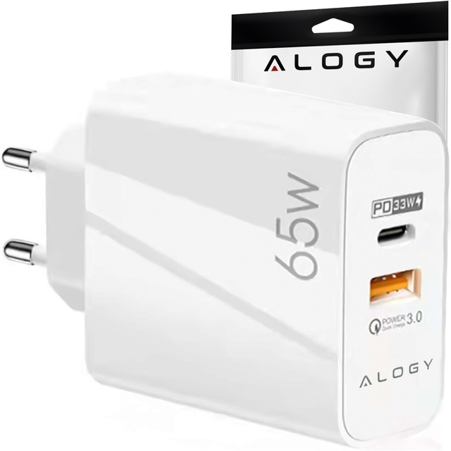 Alogy Ładowarka sieciowa szybka USB-A QC 3.0 Quick Charge + USB-C PD 33W 65W Biała