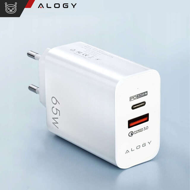 Alogy Ładowarka sieciowa szybka USB-A QC 3.0 Quick Charge + USB-C PD 33W 65W Biała