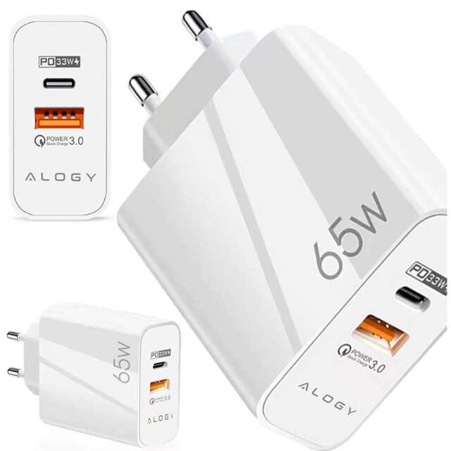 Alogy Ładowarka sieciowa szybka USB-A QC 3.0 Quick Charge + USB-C PD 33W 65W Biała