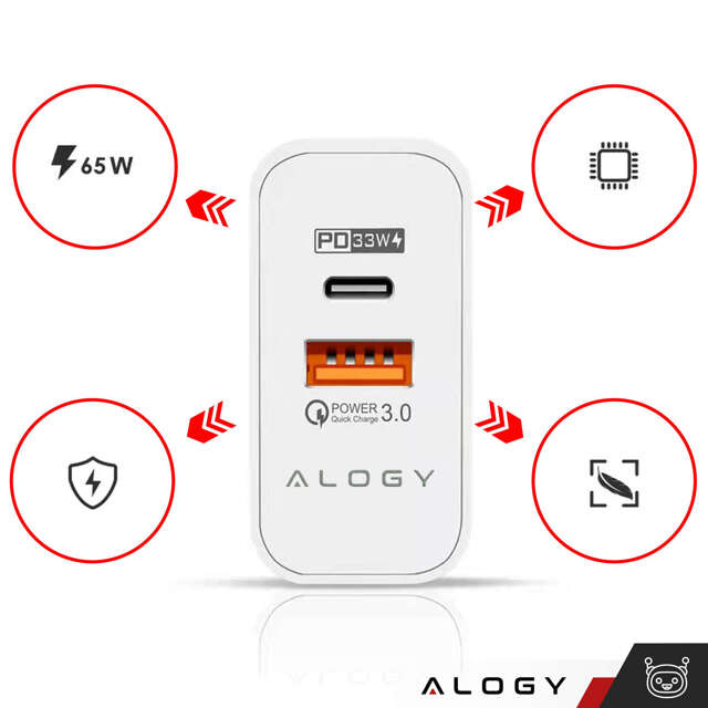 Alogy Ładowarka sieciowa szybka USB-A QC 3.0 Quick Charge + USB-C PD 33W 65W Biała