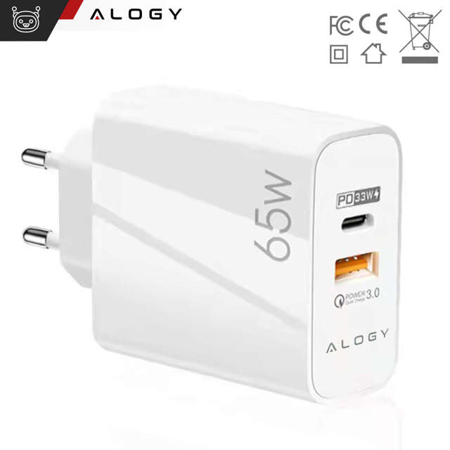 Alogy Ładowarka sieciowa szybka USB-A QC 3.0 Quick Charge + USB-C PD 33W 65W Biała