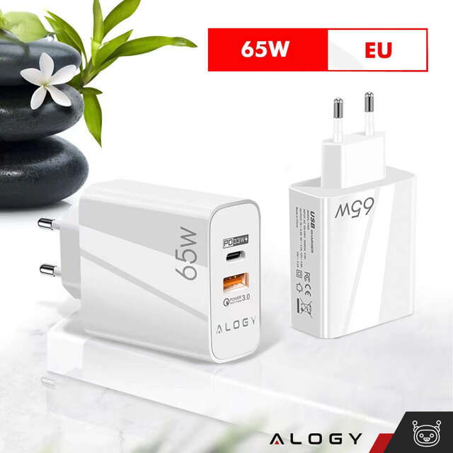 Alogy Ładowarka sieciowa szybka USB-A QC 3.0 Quick Charge + USB-C PD 33W 65W Biała