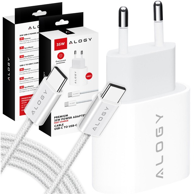 Alogy Ładowarka sieciowa szybka mocna 35W USB-C USB typ C PD GaN do iPhone 15 +Kabel type-C 1m Biała