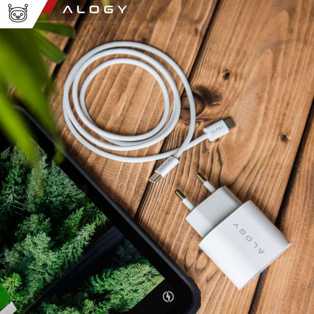 Alogy Ładowarka sieciowa szybka mocna 35W USB-C USB typ C PD GaN do iPhone 15 +Kabel type-C 1m Biała