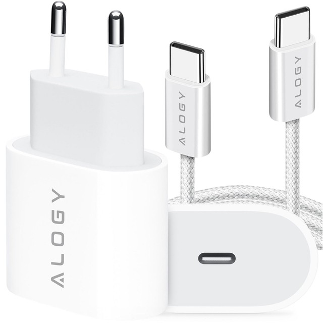 Alogy Ładowarka sieciowa szybka mocna 35W USB-C USB typ C PD GaN do iPhone 15 +Kabel type-C 1m Biała