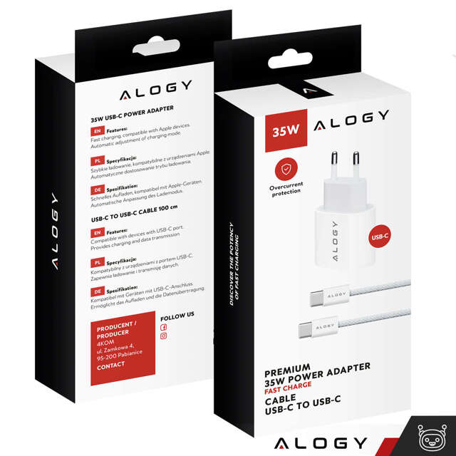 Alogy Ładowarka sieciowa szybka mocna 35W USB-C USB typ C PD GaN do iPhone 15 +Kabel type-C 1m Biała