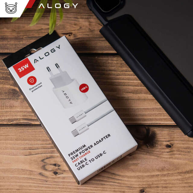 Alogy Ładowarka sieciowa szybka mocna 35W USB-C USB typ C PD GaN do iPhone 15 +Kabel type-C 1m Biała