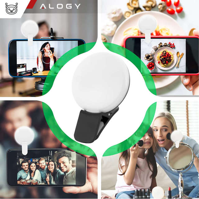 Alogy Lampka LED Mini Selfie Light do nagrywania robienia zdjęć do telefonu z klipsem Czarna