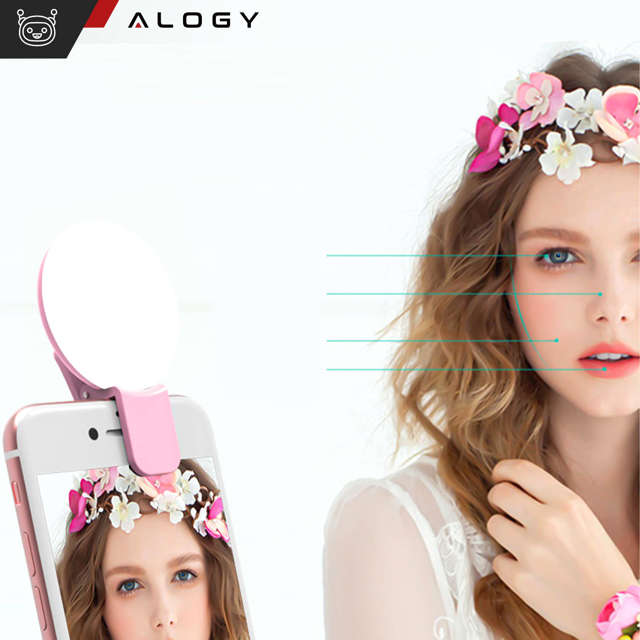 Alogy Lampka LED Mini Selfie Light do nagrywania robienia zdjęć do telefonu z klipsem Różowa