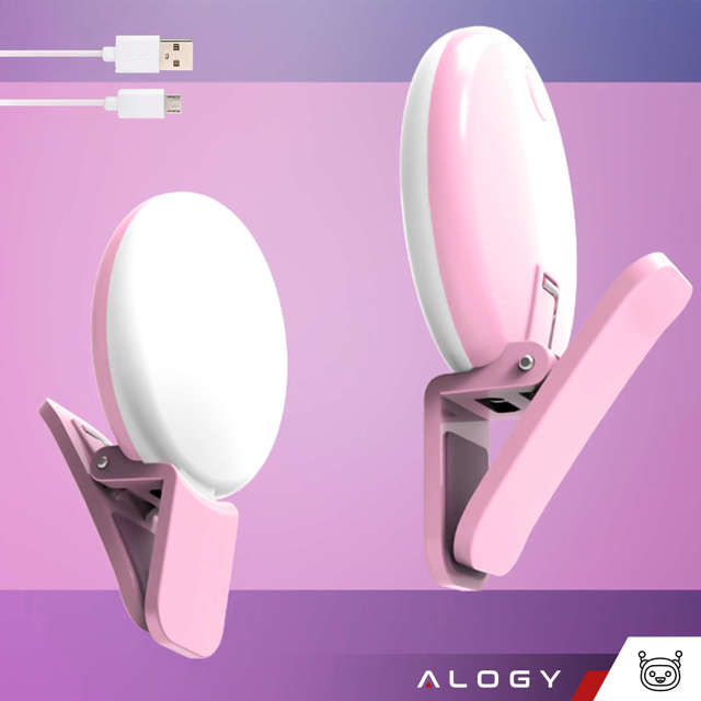 Alogy Lampka LED Mini Selfie Light do nagrywania robienia zdjęć do telefonu z klipsem Różowa