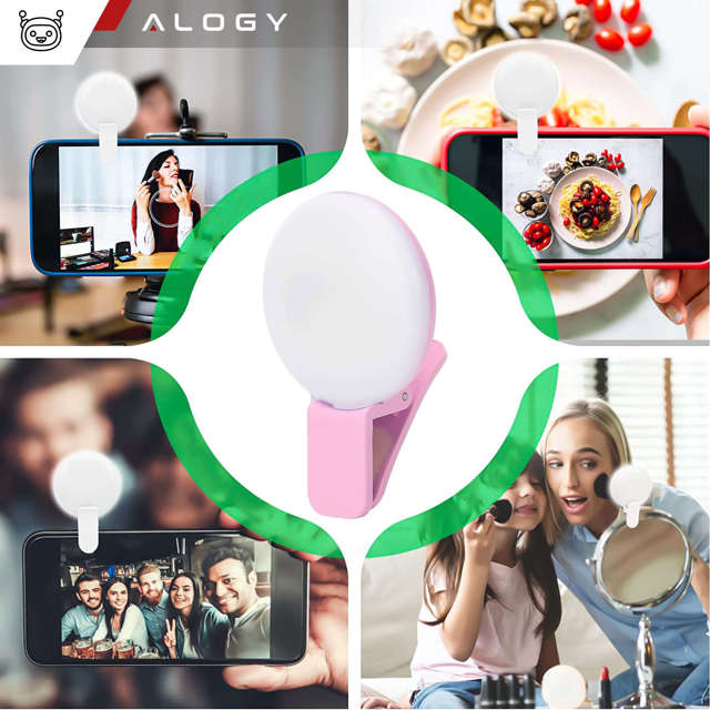 Alogy Lampka LED Mini Selfie Light do nagrywania robienia zdjęć do telefonu z klipsem Różowa