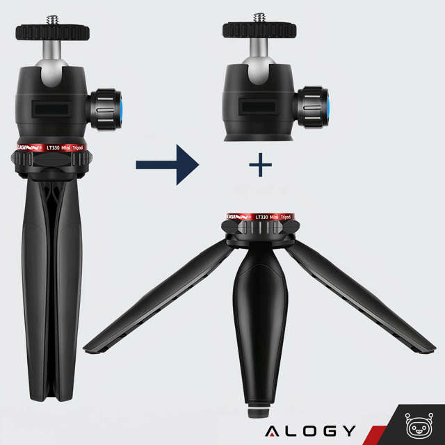 Alogy Mini Tripod Trójnóg Liginn Uchwyt na telefon do robienia zdjęć do telefonu kamery GoPro lampy ring 1/4 Czarny