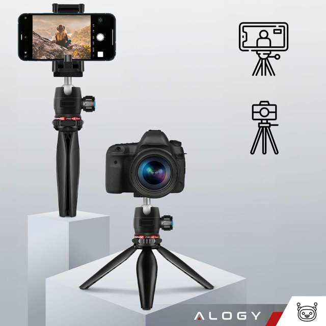 Alogy Mini Tripod Trójnóg Liginn Uchwyt na telefon do robienia zdjęć do telefonu kamery GoPro lampy ring 1/4 Czarny