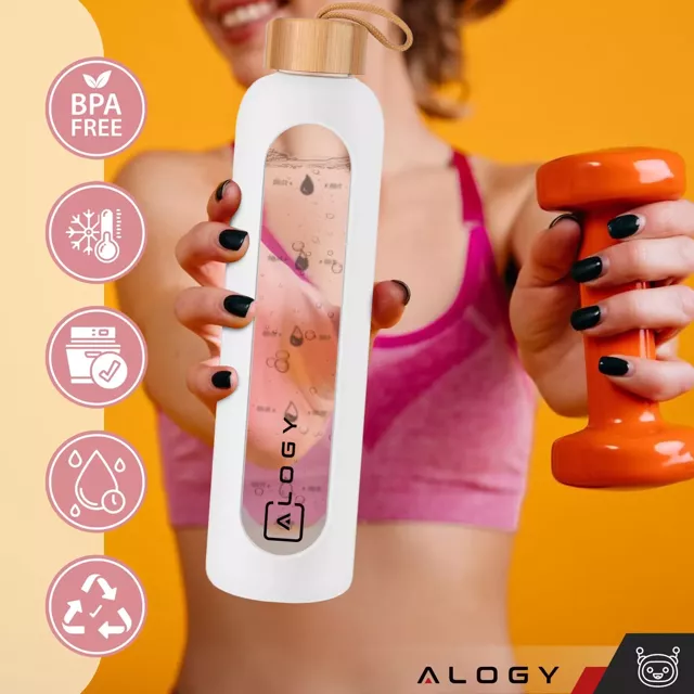 Alogy Motivational Glass Water Bottle Butelka szklana duża bidon na wodę napoje Miarka motywacyjna 1l 1000ml Biała