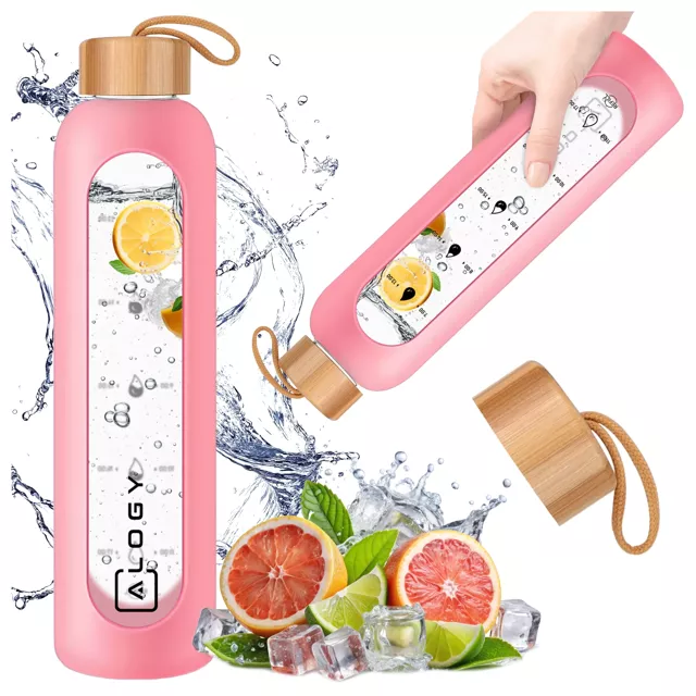 Alogy Motivational Glass Water Bottle Butelka szklana duża bidon na wodę napoje Miarka motywacyjna 1l 1000ml Różowa