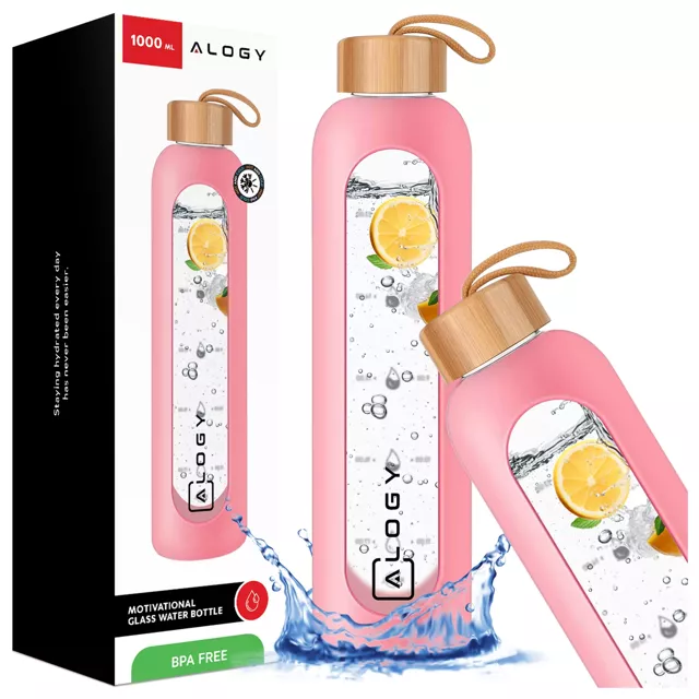 Alogy Motivational Glass Water Bottle Butelka szklana duża bidon na wodę napoje Miarka motywacyjna 1l 1000ml Różowa