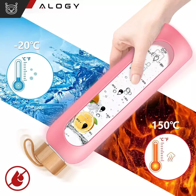 Alogy Motivational Glass Water Bottle Butelka szklana duża bidon na wodę napoje Miarka motywacyjna 1l 1000ml Różowa