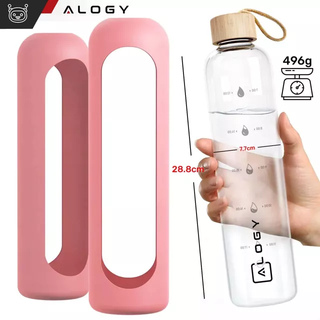 Alogy Motivational Glass Water Bottle Butelka szklana duża bidon na wodę napoje Miarka motywacyjna 1l 1000ml Różowa