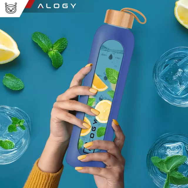 Alogy Motivational Glass Water Bottle Butelka szklana duża bidon na wodę napoje do picia Miarka motywacyjna 1l 1000ml etui silikonowe Niebieska