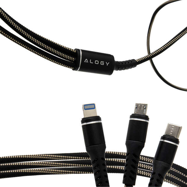 Alogy Nylon Kabel 3w1 USB-C Typ C Lightning micro USB 5A Black