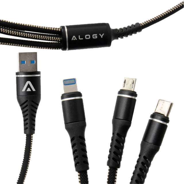 Alogy Nylon Kabel 3w1 USB-C Typ C Lightning micro USB 5A Black