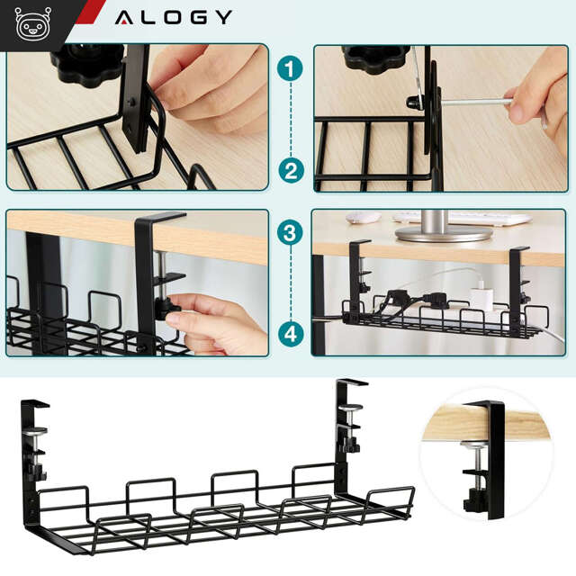 Alogy Organizer kabli uchwyt półka pod blat na kable listwy biurkowy podbiurkowy aluminiowy 38.5cm Czarny