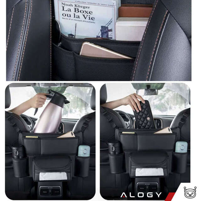 Alogy Organizer samochodowy Car Leather uchwyt do auta pomiędzy siedzenia na napoje chusteczki Czarny