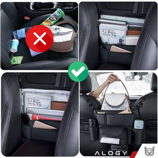 Alogy Organizer samochodowy Car Leather uchwyt do auta pomiędzy siedzenia na napoje chusteczki Czarny