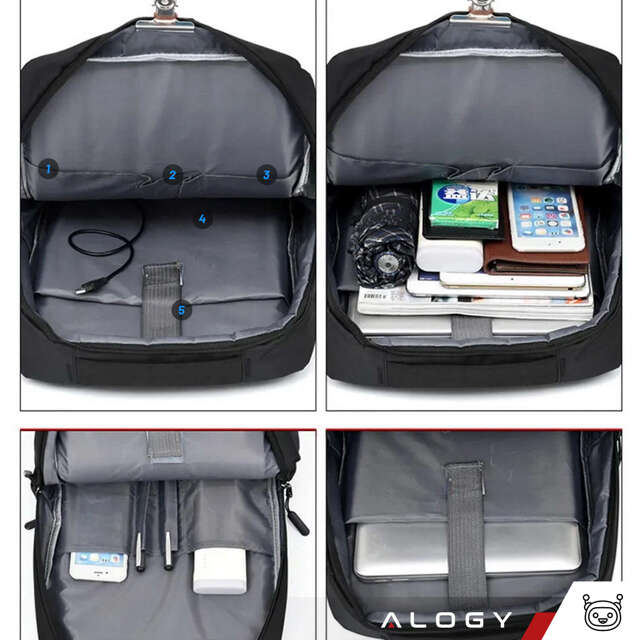 Alogy Plecak Backpack na laptopa duży wodoodporny z portem USB Unisex 41x29x12cm Czarny