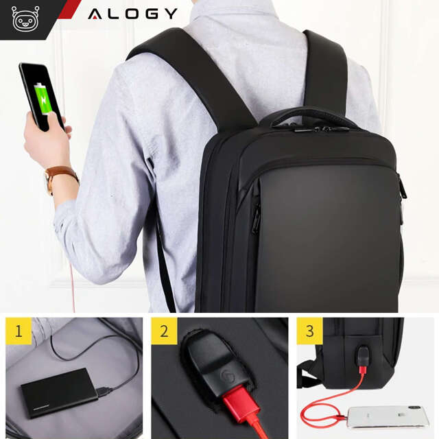 Alogy Plecak torba na laptopa 15,6" wodoodporny z portem USB Unisex 42x30x10cm do samolotu na walizkę Backpack Czarny