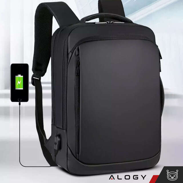 Alogy Plecak torba na laptopa 15,6" wodoodporny z portem USB Unisex 42x30x10cm do samolotu na walizkę Backpack Czarny