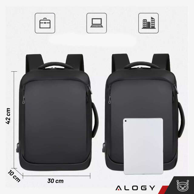 Alogy Plecak torba na laptopa 15,6" wodoodporny z portem USB Unisex 42x30x10cm do samolotu na walizkę Backpack Czarny