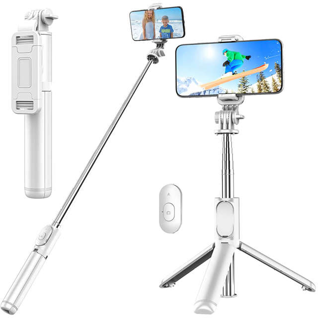 Alogy Q01 Selfie Stick Kijek Tripod Statyw + Pilot Bluetooth uchwyt na telefon do robienia zdjęć biały