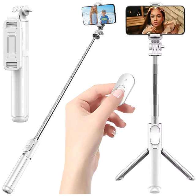 Alogy Q01 Selfie Stick Kijek Tripod Statyw + Pilot Bluetooth uchwyt na telefon do robienia zdjęć biały