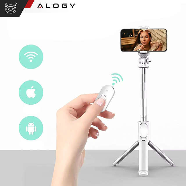 Alogy Q01 Selfie Stick Kijek Tripod Statyw + Pilot Bluetooth uchwyt na telefon do robienia zdjęć biały