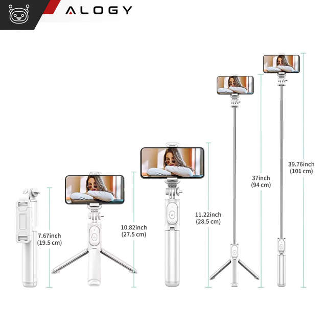 Alogy Q01 Selfie Stick Kijek Tripod Statyw + Pilot Bluetooth uchwyt na telefon do robienia zdjęć biały