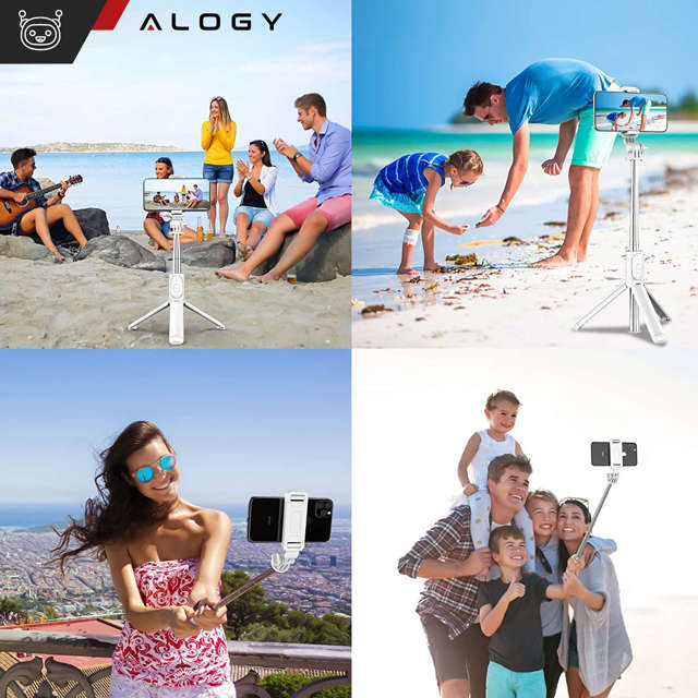 Alogy Q01 Selfie Stick Kijek Tripod Statyw + Pilot Bluetooth uchwyt na telefon do robienia zdjęć biały