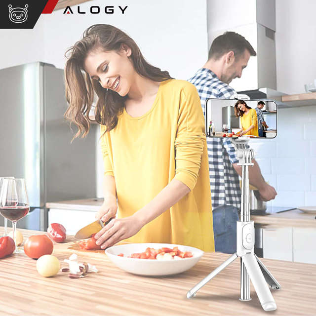 Alogy Q01 Selfie Stick Kijek Tripod Statyw + Pilot Bluetooth uchwyt na telefon do robienia zdjęć biały