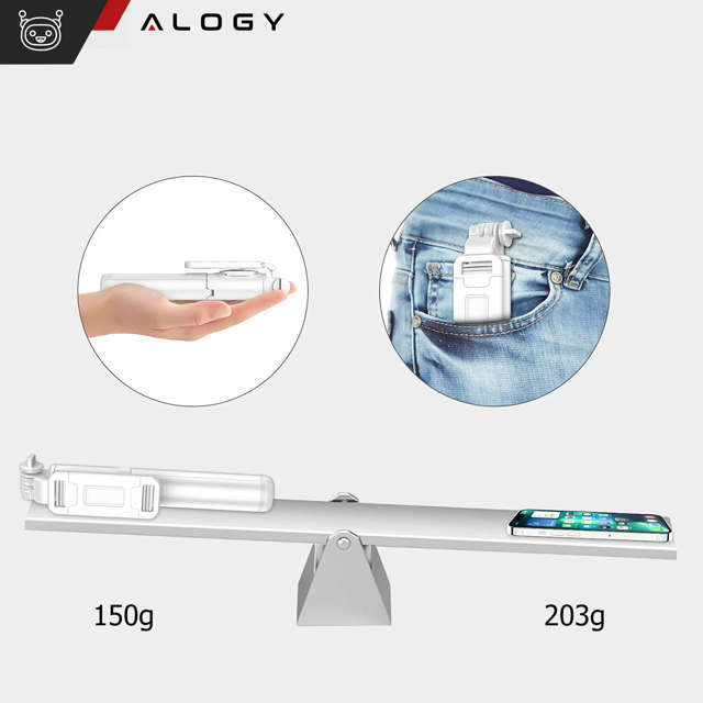 Alogy Q01 Selfie Stick Kijek Tripod Statyw + Pilot Bluetooth uchwyt na telefon do robienia zdjęć biały