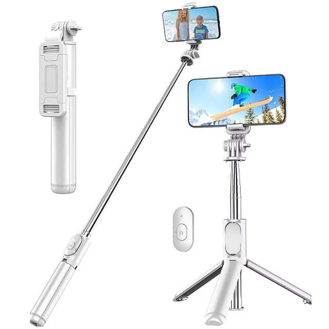 Alogy Q01 Selfie Stick Kijek Tripod Statyw + Pilot Bluetooth uchwyt na telefon do robienia zdjęć biały