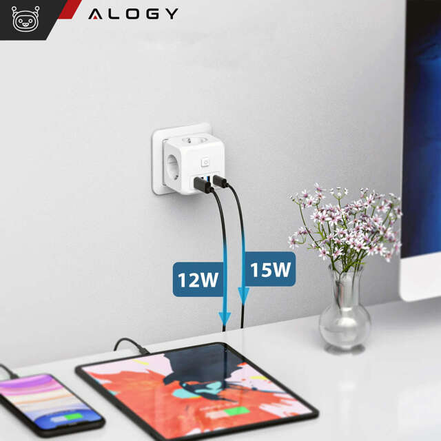 Alogy Rozgałęźnik sieciowy rozdzielacz Ładowarka adapter złodziejka 3 gniazdka PL/EU USB USB-C 7w1 5V 2.4A Biały