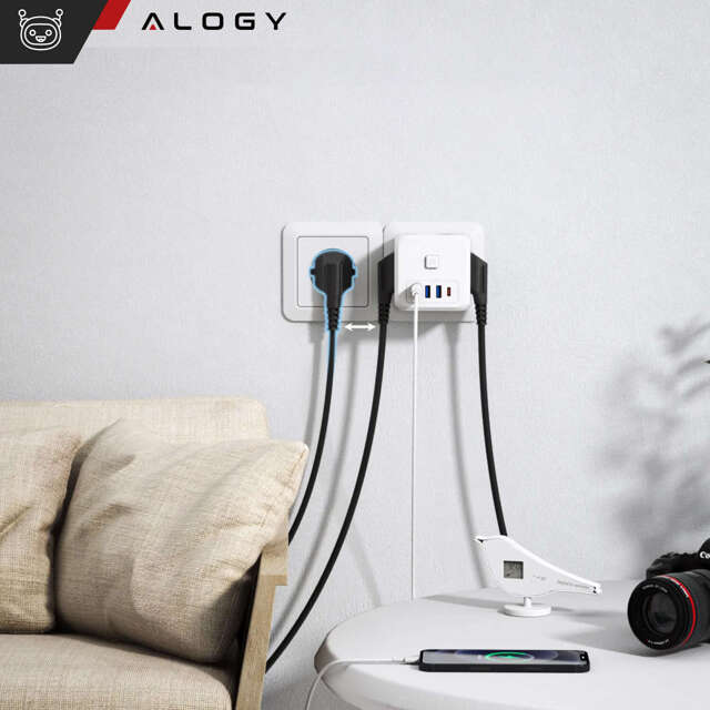 Alogy Rozgałęźnik sieciowy rozdzielacz Ładowarka adapter złodziejka 3 gniazdka PL/EU USB USB-C 7w1 5V 2.4A Biały