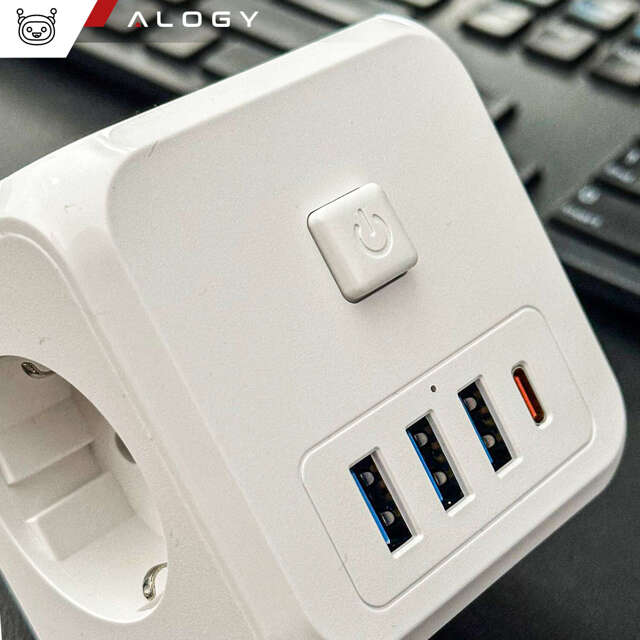 Alogy Rozgałęźnik sieciowy rozdzielacz Ładowarka adapter złodziejka 3 gniazdka PL/EU USB USB-C 7w1 5V 2.4A Biały