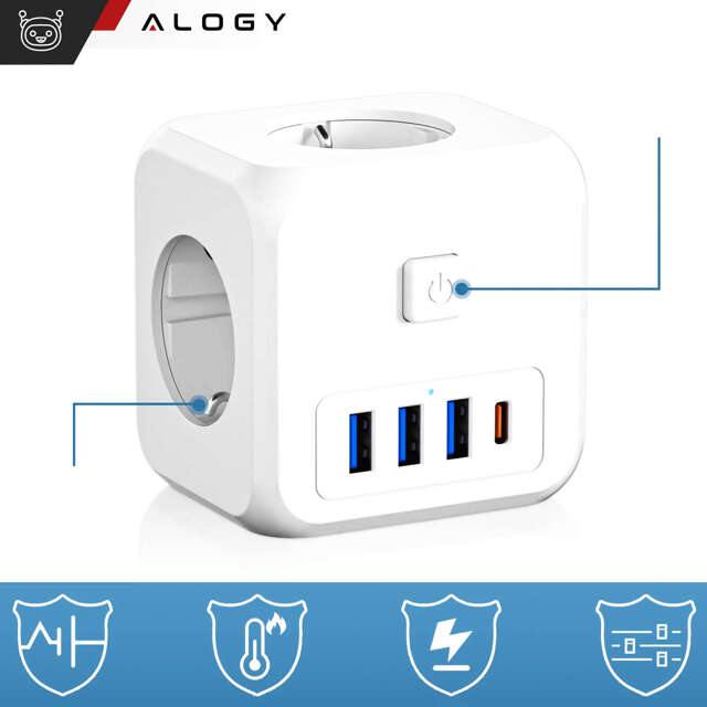 Alogy Rozgałęźnik sieciowy rozdzielacz Ładowarka adapter złodziejka 3 gniazdka PL/EU USB USB-C 7w1 5V 2.4A Biały