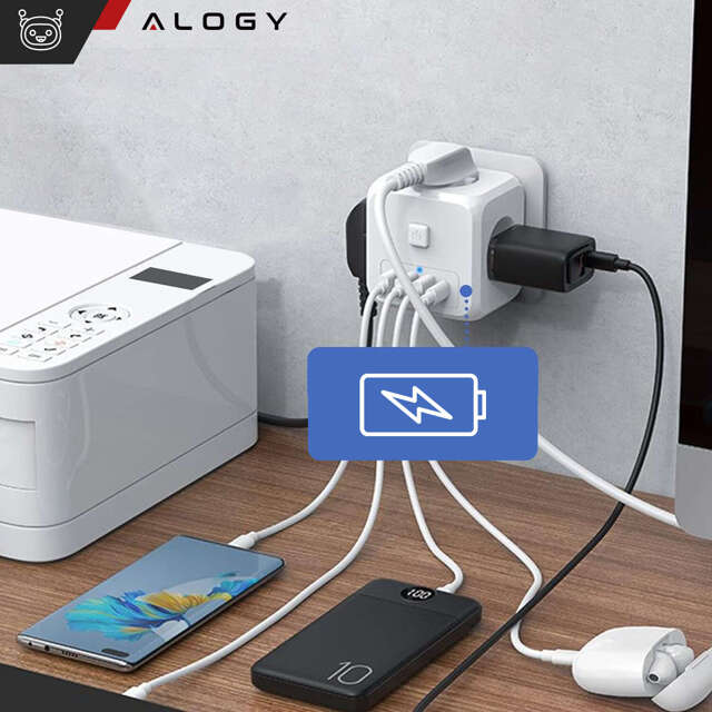 Alogy Rozgałęźnik sieciowy rozdzielacz Ładowarka adapter złodziejka 3 gniazdka PL/EU USB USB-C 7w1 5V 2.4A Biały