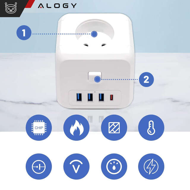 Alogy Rozgałęźnik sieciowy rozdzielacz Ładowarka adapter złodziejka 3 gniazdka PL/EU USB USB-C 7w1 5V 2.4A Biały