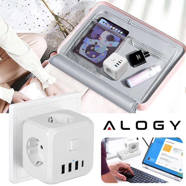 Alogy Rozgałęźnik sieciowy rozdzielacz Ładowarka adapter złodziejka 3 gniazdka PL/EU USB USB-C 7w1 5V 2.4A Biały