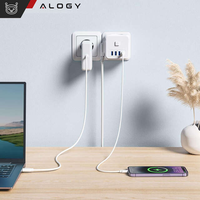 Alogy Rozgałęźnik sieciowy rozdzielacz Ładowarka adapter złodziejka 3 gniazdka PL/EU USB USB-C 7w1 5V 2.4A Biały