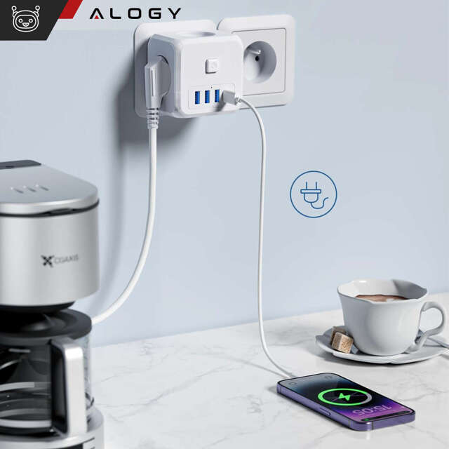 Alogy Rozgałęźnik sieciowy rozdzielacz Ładowarka adapter złodziejka 3 gniazdka PL/EU USB USB-C 7w1 5V 2.4A Biały